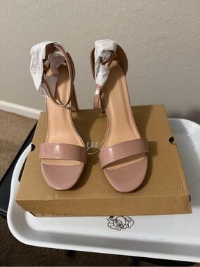 Patent Pink Ankle-Strap Block Heel Sandals Blush